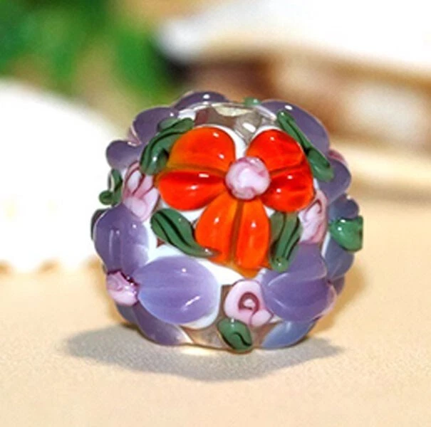 Cuentas redondas de vidrio de murano hechas a mano 10 piezas flor naranja púrpura 16 mm Foto 1 de 1