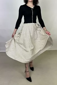 Vintage 1970s Vera Maxwell Black Jersey Top with White Striped Full Skirt Bows - Picture 1 of 16