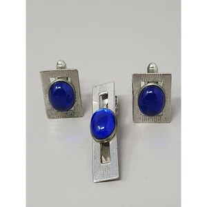 Vintage Tie Clip & Cufflinks Signed ANSON Cobalt Blue Lucite & Silver - Picture 1 of 7