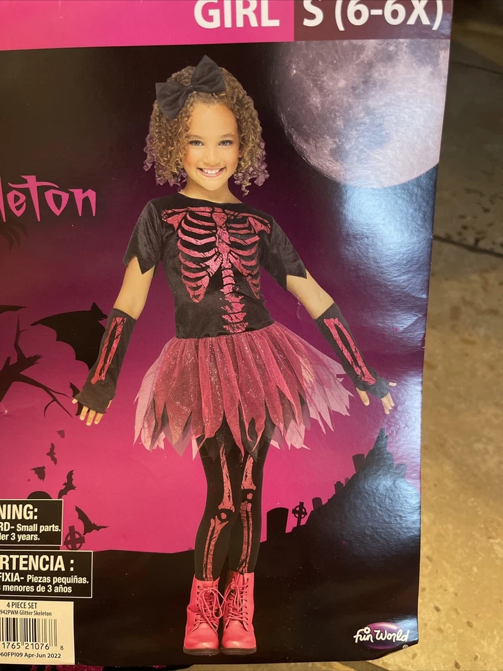 Disfraz Brillo ESQUELETO Niñas 6-6X Rosa Vestido Medias Mangas Arco para el Pelo NUEVO Foto 1 de 1