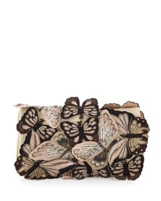 ALICE + OLIVIA BUTTERFLY EMBROIDERED BEADED LEATHER CLUTCH HANDBAG NUDE BLACK  - Image 1 of 4