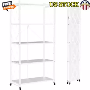 5-Tier Foldable Storage Shelf W/ Wheels Rolling Cart Kitchen Office Organizer US - Picture 1 of 7