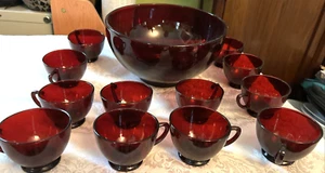 Vtg Anchor Hocking Royal Ruby Red Glass 10x5" Lg Punch Bowl Set W/ 12 Cups NICE! - Picture 1 of 8