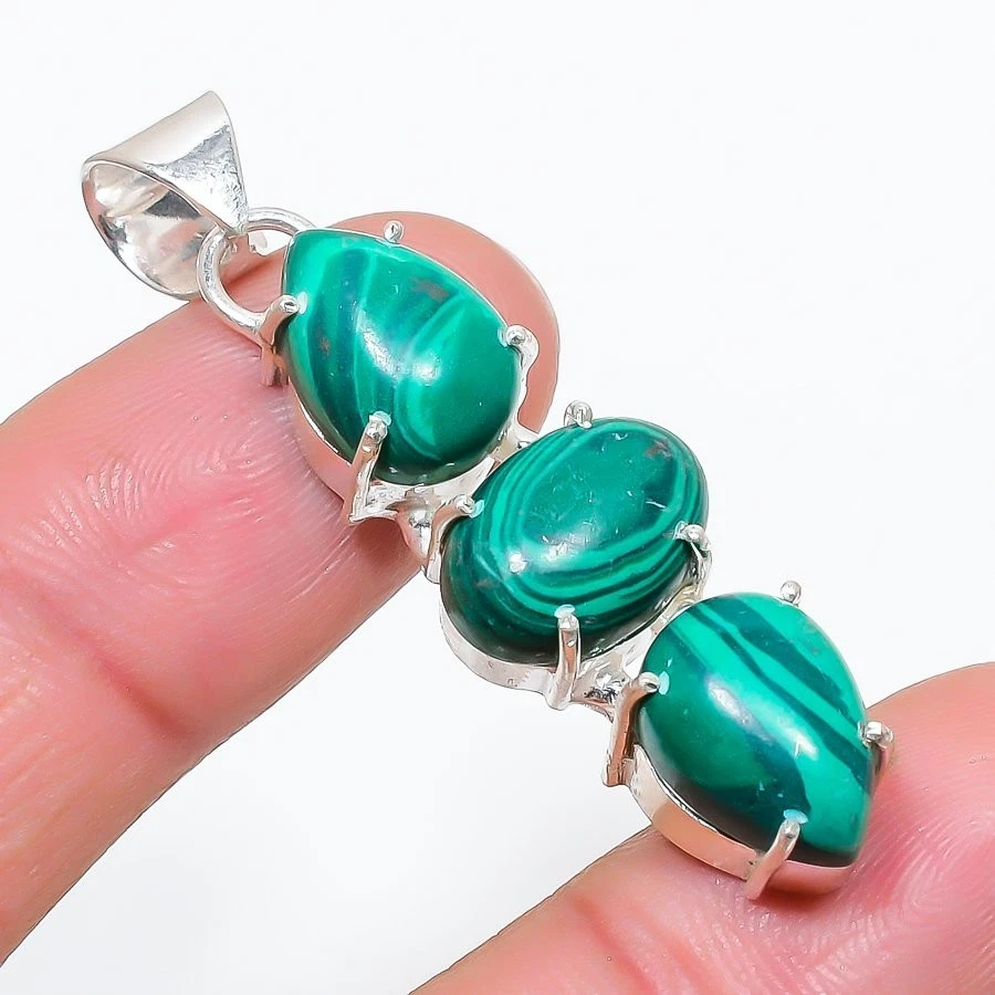 Green Malachite Gemstone Handmade 925 Sterling Silver Jewelry Pendant Size 2" - Image 1 of 1