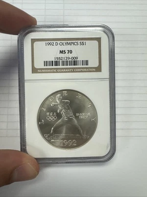 1992 D OLYMPICS BASEBALL COMMEMORATIVE SILVER DOLLAR NGC MS70 - Image 1 of 2