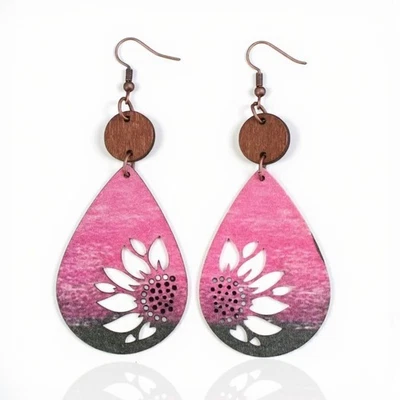 Pendientes colgantes retro de madera con estampado de girasol occidental rosa boho joyería nueva Foto 1 de 4
