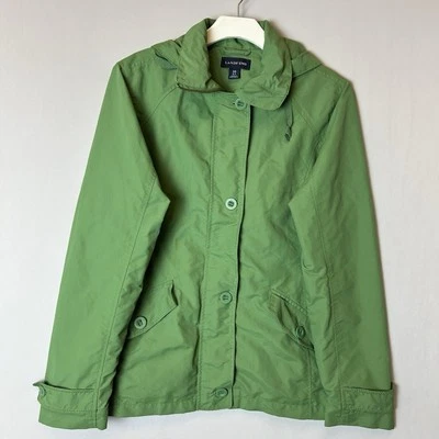 Lands End Raincoat Jacket Womens Extra Small Green Full Zip Button Hooded Collar - Image 1 of 4