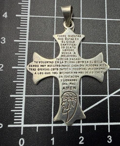 Sterling Silber .925 Katholisches Kreuz Anhänger: Vaterunser Gebet auf Spanisch - Bild 1 von 4
