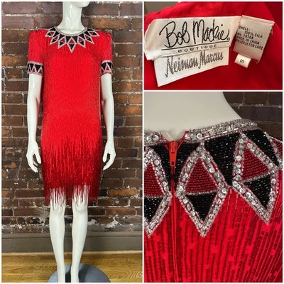 Vestido Vintage Años 80 BOB MACKIE NEIMAN MARCUS Rojo Cuentas Lentejuelas Plateadas Seda Foto 1 de 4