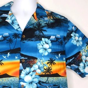 Camisa grande para hombre RJC 46" azul Aloha hawaiana SS algodón amanecer bolsillo hibisco - Imagen 1 de 7