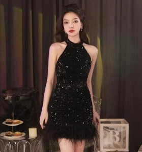 Trendy Shine Sequins Feather Fringe Halterneck Mini Gown Party Evening Dresses - Picture 1 of 11