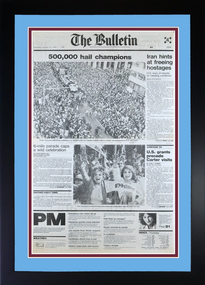 1980 Мировая Серия Филадельфия Филлис ОРИГИНАЛЬНЫЙ ПАРАД Газета в Рамке 23 октября - Изображение 1 из 1