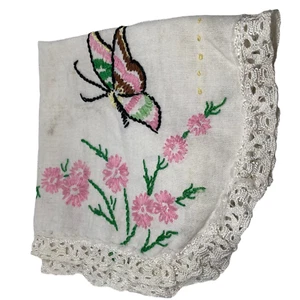 Vintage Embroidered Handkerchief Floral Butterfly White Pink - Picture 1 of 4
