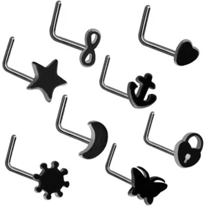 9PC 20G Surgical Steel Nose Ring L Bend Nose Stud CZ Moon Chain Earring Piercing - Picture 1 of 19