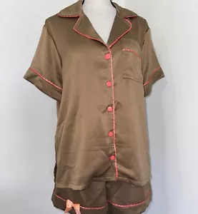NEW Short Sleeve Brown/Pink Satin Pajamas Set (Medium) - Picture 1 of 4