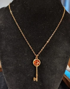 Antiqued Gold Tone 1.5" Skeleton Key Red Ruby 17" Cable Chain Necklace 2mm 4.5g - Picture 1 of 6