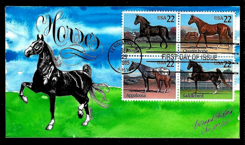 2158A 22c Stamps (Se-Tenant) (1985) GREAT HORSE BREEDS FDC HD/HP BY GOLDBERG - Image 1 of 1