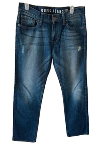 GUESS Jeans Mens 31 x 32 Blue Denim Lincoln Slim Straight Leg Faded Whiskered - Picture 1 of 17
