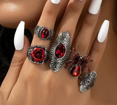 Anillos apilables estilo gótico retro rosa araña con incrustaciones de estrás escarlata D 5 piezas Foto 1 de 4