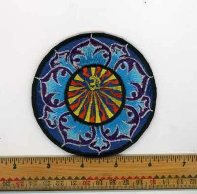 Embroidered Yellow Om Sunrays Fancy Blue Lotus Patch Fair Trade Nepal 3" Round - Image 1 of 4