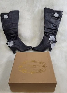TOP Moda BAG-55 Women's Knee High Buckle Slouched Kitten Heel Boots Size 8 - Picture 1 of 5