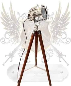 Lamp Tripod And Floor Light Nautical Stand Spotlight Wooden Searchlight Antique - Picture 1 of 2