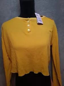 Wild Fable Mustard Yellow Crop Top Waffle Henley Long Sleeve Top Juniors LG NWT - Picture 1 of 9