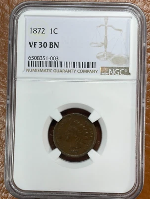 1872 1c Indian Head Cent NGC VF30 BN - Image 1 of 4