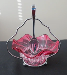 Antique Stevens & Williams Rubina Rigaree Sauce Bowl in Holder Notched Spoon - Picture 1 of 16