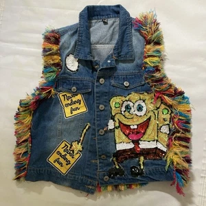 SpongeBob Denim Jacket Vest Sequin Embellished Fringe Sz S Bang Graphic Back - Picture 1 of 11