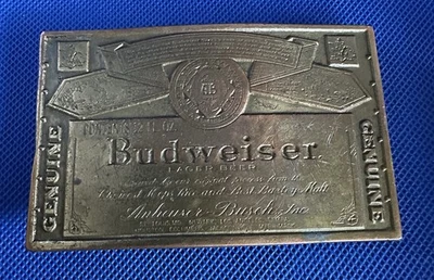 Vintage Budweiser Brass Belt Buckle The King Of Beers Logo Label  Anheuser-Busch - Image 1 of 4