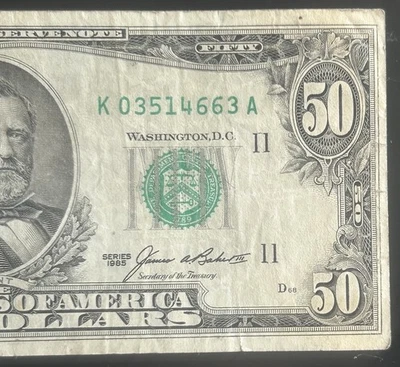 (VINTAGE!) $50 Old Vintage Small Head Dallas Currency K03514663A Series 1985 - Image 1 of 4