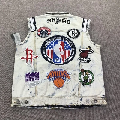 Chaleco NBA Para Hombres Grande Azul NBA Baloncesto Multi Equipo Parche Denim Jean Lavado Ácido Foto 1 de 4