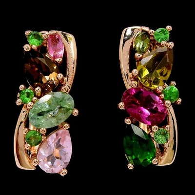 NATURAL MUTLI COLOR TOURAMLINE MIXED SHAPE STERLING 925 SILVER DROP EARRING - Image 1 of 4