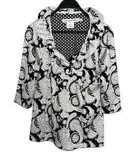 GRETCHEN SCOTT Size Medium Ruffle Neck Pullover Top Stretch Paisley Gray Black - Picture 1 of 4