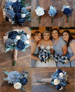 Dusty Blue Bridal Bouquet Navy Sola Wood Wedding Flowers Eucalyptus Bridesmaid - Picture 1 of 55