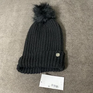 Steve Madden Women's Beanie Cloud Knit Faux-Fur Pom Pom Black One Size NWOT - Picture 1 of 3