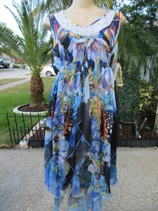 OneWorld Women’s Dress Size M Multicolor Floral Beaded Neckline Boho Asymmetrica - Picture 1 of 16