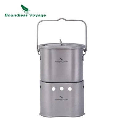 Camping Titanium Pot Wood Stove Set 2 in1 Outdoor Canteen Cup Hanging Pot Burner - Image 1 of 4