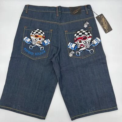 NWT VTG Ed Hardy Jean Shorts Mens 38 Blue Speed Double Skull Y2K 16 Inseam - Image 1 of 4