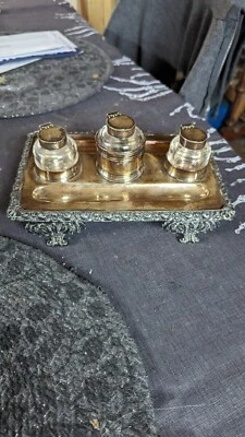 Tintero triple antiguo plateado y cristal W.K. Sello  Foto 1 de 4