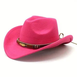 Hot Pink Western Cowboy Cowgirl Hat – Gold Feather Braid Band, Felt, Men Women - Picture 1 of 3