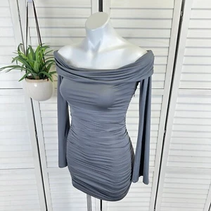 Nuevo Mini Vestido Princesa Polly Hernán Hombro Descubierto Gris Acanalado Manga Larga Talla 6 - Imagen 1 de 10