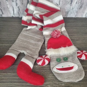Christmas Sock Monkey Adult Winter Scarf With Knit Plush Feet, Button Eyes - 60" - Picture 1 of 4