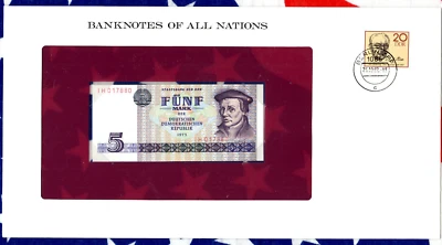 Banknotes of All Nations GDR East Germany 1975 5 Mark UNC P 27a IH017880 Low - Image 1 of 3