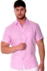 Bohio Mens 100% Linen Yarn-Dye Pink Shirt -Button Down Casual ( S ~ 2X)-MLS1357 - Picture 1 of 4