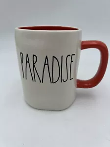 RAE DUNN "PARADISE" White Ceramic Coffee Tea Mug Orange Inside & Handle EUC - Picture 1 of 6