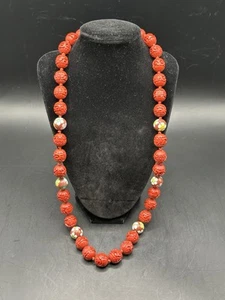 Vintage Chinese Cinnabar Cloisonne Enamel Bead Necklace 30” Long Silver Closure - Bild 1 von 10