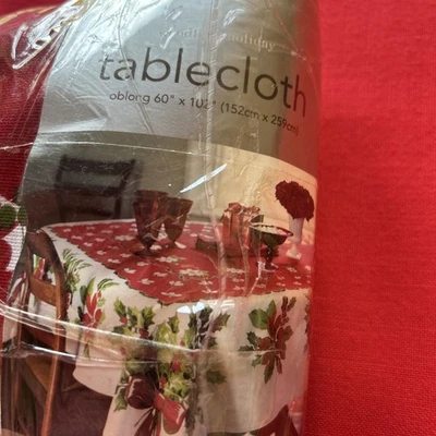 Martha Stewart Woodland Holiday Tablecloth – Red with Holly & Ribbon Border - Image 1 of 4