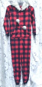 X SMALL XS UNION SUIT PAJAMAS BUFFALO PLAID PLUSH FLEECE HOODED ONE PIECE NEW - Picture 1 of 4